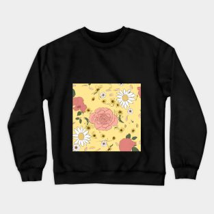 Delicate Hand-Sketched Flowers: Vintage Wallpaper with Daisies and Roses on Yellow. Crewneck Sweatshirt